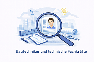 Illustration einer Lupe über einem Lebenslauf mit Bauplänen und Werkzeugen. Im Hintergrund sind stilisierte Gebäude, eine Landschaft, ein Kran sowie eine Sonne zu sehen. Darunter steht der Schriftzug 'Bautechniker und technische Fachkräfte'.