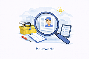 Illustration einer Lupe über einem Lebenslauf mit Werkzeugkiste und Tablet. Im Hintergrund sind stilisierte Gebäude und eine Landschaft mit einer Sonne zu sehen. Darunter steht der Text 'Hauswarte'.