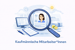 Illustration einer Lupe über einem Lebenslauf mit Bildschirm, Dokumenten und Münzen und Tablet. Im Hintergrund sind stilisierte Gebäude, eine Landschaft, ein Euro-Zeichen sowie eine Sonne zu sehen. Darunter steht der Text 'Kaufmännische Mitarbeiter*Innen'.