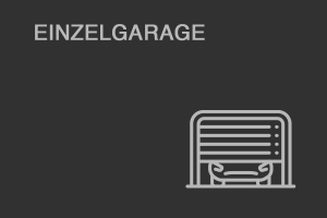 Grafische Darstellung einer Einzelgarage mit stilisiertem Auto hinter einem halb geöffneten Garagentor, dazu oben links die Aufschrift 'EINZELGARAGE'