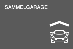 Grafische Darstellung einer Sammelgarage mit stilisiertem Auto unter einem Dachsymbol, dazu oben links die Aufschrift 'SAMMELGARAGE'