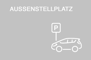 Grafische Darstellung eines Außenstellplatzes mit stilisiertem Auto und Parkplatzschild, dazu oben links die Aufschrift 'AUSSENSTELLPLATZ'